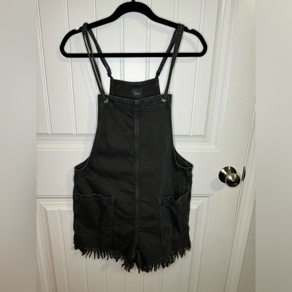 Aerie Black Distressed Denim Double Strap Shortall - Picture 2 of 6